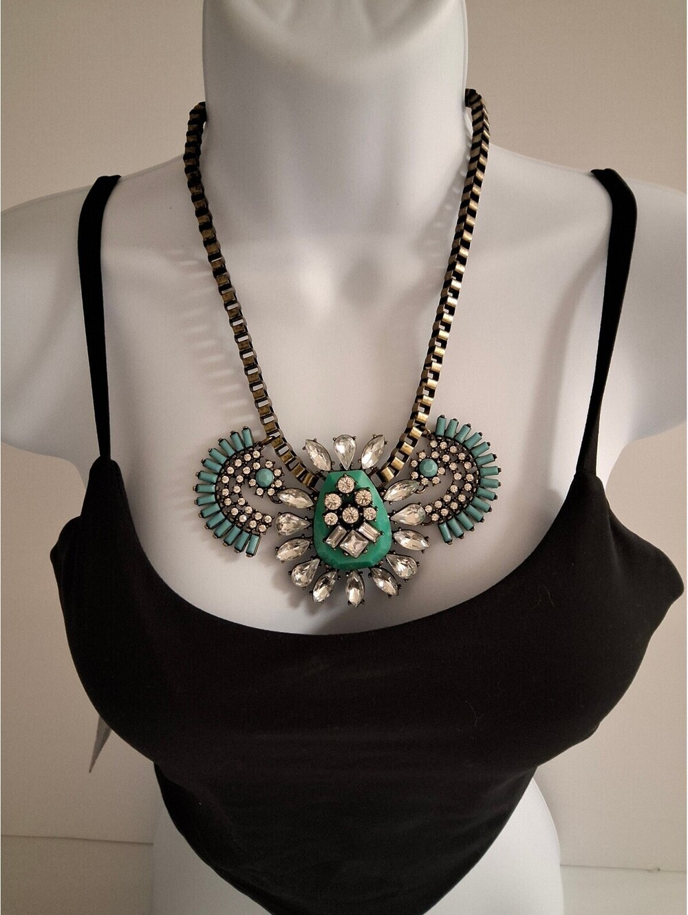 Vintage Style Statement Necklace with Turquoise and Clear Rhinestones